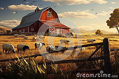 Countryside panorama wooden barn, coop, eggs, hay, under a tranquil sky Stock Photo