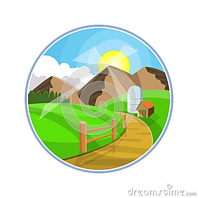 Countryside road landscape illustration. Rural areas with mountains, hills and fields. Nature pathway on farmland. Cartoon Illustration