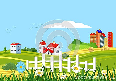 Countryside rural green meadow vector landscape, Vector Illustration