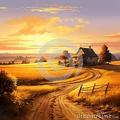 Countryside scene with golden fields stretching to the horizon. Stock Photo