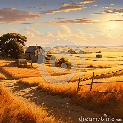 Countryside scene with golden fields stretching to the horizon. Stock Photo