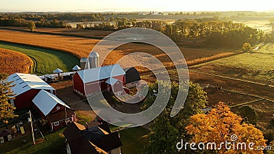 Countryside scenery at Fall season. Autumn colors. Harvest, harvesting time. Rural landscape. Aerial, view from above of the Farm Stock Photo