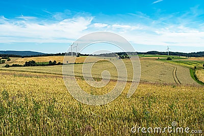 Countryside scenery with yellow and green wheat fields, hills and wind energy generator turbines Stock Photo