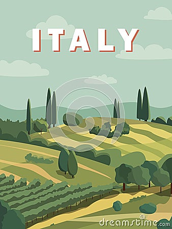 Countryside summer Italy landscape, fields, vineyard and trees in the background. Hand drawn flat vector illustration Cartoon Illustration