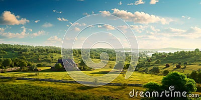 A countryside-themed background with a top view of a serene rural landscape, suitable for getaway destinations Stock Photo