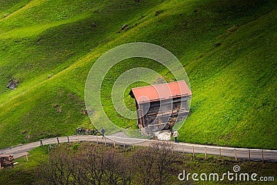 Countryside Valley View of Swiss Alps With Cottage Livestock at Zermatt City, Switzerland. Rural Scenic and Amazing Nature Green Editorial Stock Photo