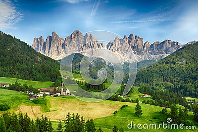 Countryside view of Santa Maddalena in National Park Puez Odle Stock Photo