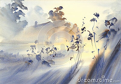 Countryside watercolor landscape Stock Photo