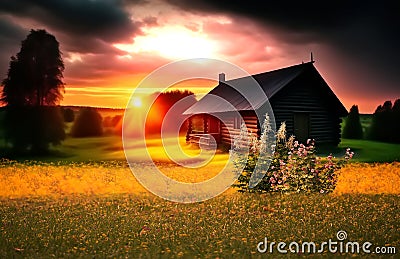 countryside of wooden cabin wildflowers in garden cloudy dramatic sky at sunset Stock Photo