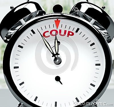 Coup soon, almost there, in short time - a clock symbolizes a reminder that Coup is near, will happen and finish quickly in a Cartoon Illustration