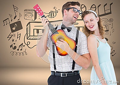 Coupe with guitar and music graphic drawings Stock Photo