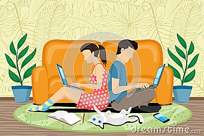 Couple sitting with laptops. Vector Illustration