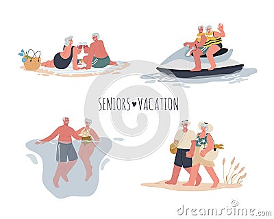 A couple of active seniors on vacation,swimming,picnic on the beach,riding water scooter,walking on the beach. Vector Illustration