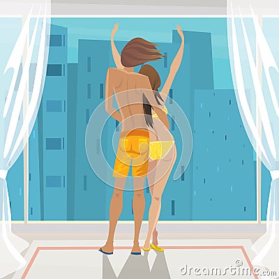 Couple admiring the view from the window on the metropolis Vector Illustration