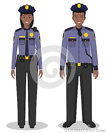 Couple of african american policeman and policewoman standing together on white background in flat style. Police USA Vector Illustration