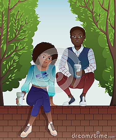 Couple of african american teenagers sitting on brick wall of fence and green trees. Vector Illustration