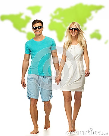 Couple against world map Stock Photo