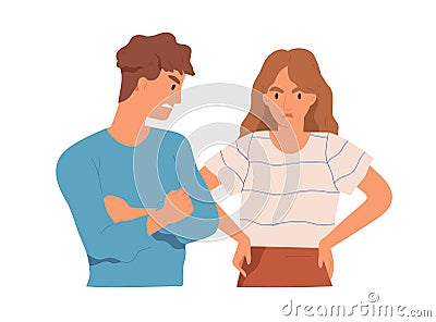 Couple of angry aggressive man and upset woman arguing and conflicting. Argument and offense between two people. Scene Vector Illustration