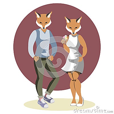 Couple anthropomorphic foxes Vector Illustration