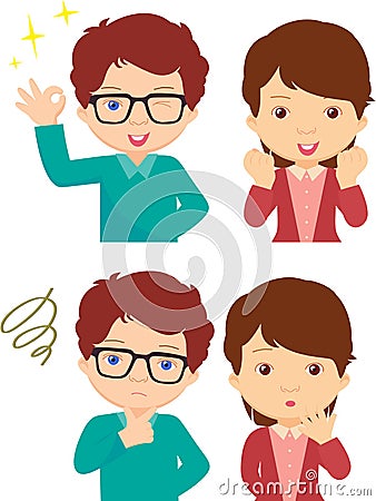 Couple of anxious and worried expression and couple of joyful ex Vector Illustration