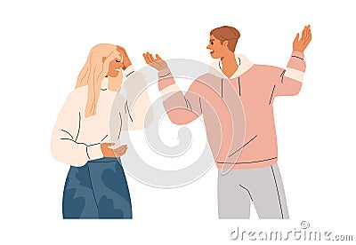 Couple arguing, quarrelling. Family fight, conflict, misunderstanding. Angry man shouting at upset woman. Wife and Vector Illustration