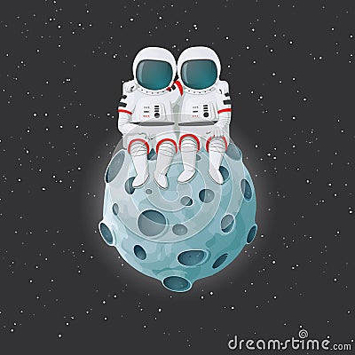 Couple of astronauts sitting on a tiny moon hugging with stars in the background. Love, romance, relationship, friendship. Cartoon Vector Illustration