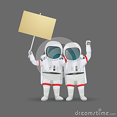 Couple of astronauts standing together with a placard and a raised fist. Demonstration, protest, activism illustration. Vector. Vector Illustration