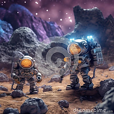 A couple of astronauts standing on top of a rocky surface. Generative AI image. Stock Photo