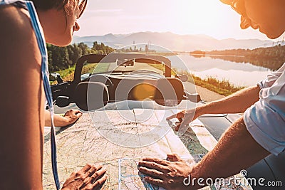 Couple auto travelers plans itinerary Stock Photo