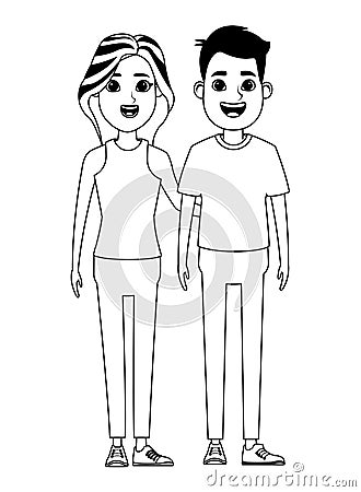 Couple avatar cartoon character portrait in black and white Vector Illustration