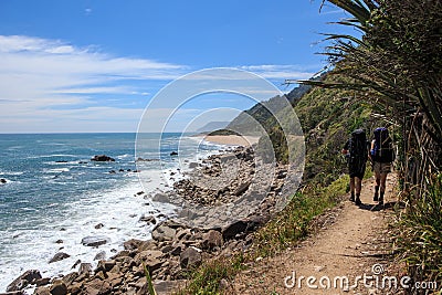 A Couple Backpacking Along the Heaphy Track in New Zealand Stock Photo