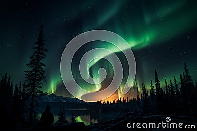 Couple basks in the enchanting glow of the Northern Lights Stock Photo