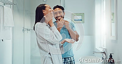 Couple, bathroom and cleaning face for skincare, routine and comic joke with cream, serum and product. Man, woman and Stock Photo