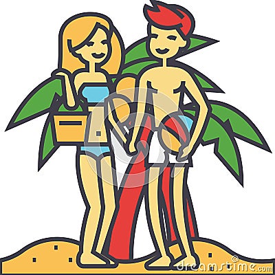 Couple on beach, summer vacation, happy young woman and man relaxing concept. Vector Illustration