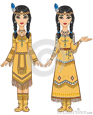 Couple of beautiful animation girls in clothes of the American Indians in different poses. Vector Illustration