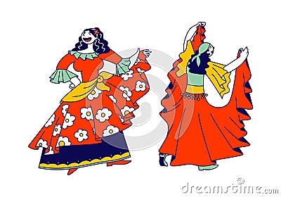 Couple of Beautiful Gypsy Women Dressed in Colorful Dresses, Shawl and Jewelry Dancing and Performing Dynamic Dance Vector Illustration