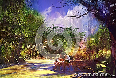 Couple in beautiful place,walkway in park Cartoon Illustration