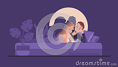 Couple in bed with phones. People reading social media network or chatting at night. Watching film and video clip from Vector Illustration