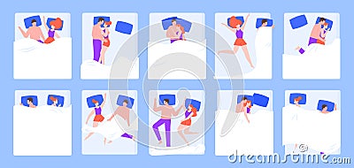 Couple in bed. Sleeping pose, young romantic couple sleeping at bedroom in pajamas, dream night position vector isolated Vector Illustration