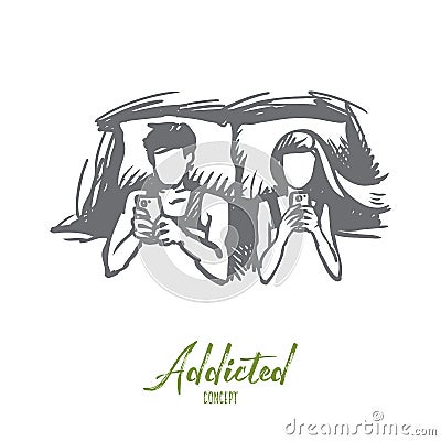 Couple, bed, smartphone, addicted concept. Hand drawn isolated vector. Vector Illustration