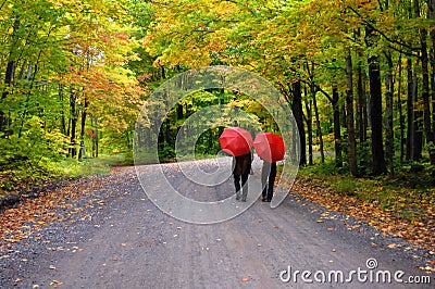 Couple beneath Red Umbrellas Stock Photo