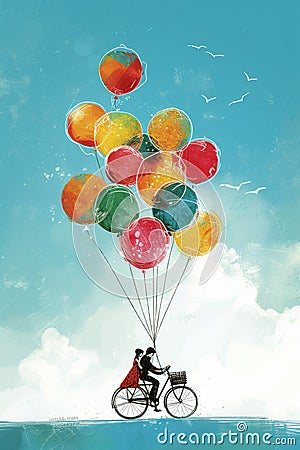 Couple on a bicycle lifted by colorful balloons, evoking whimsy and adventure in a watercolor scene. Stock Photo