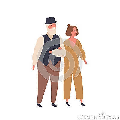 Couple with a big age difference flat vector illustration. Smiling pair walking together, wife and husband. Relationship Vector Illustration