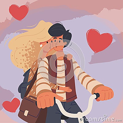 A couple on a bike. Happy Valentine`s Day concept. Couple in love on a bicycle drawing art. Valentine`s Vector Illustration Stock Photo