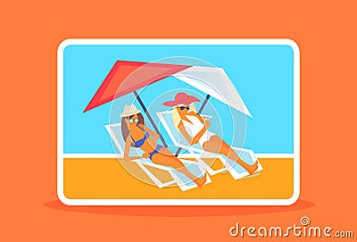 Couple bikini women sunbathing girls resting on sun loungers summer vacation luxury resort horizontal full length Vector Illustration