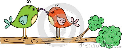 Couple of bird eating earthworm on branch Vector Illustration
