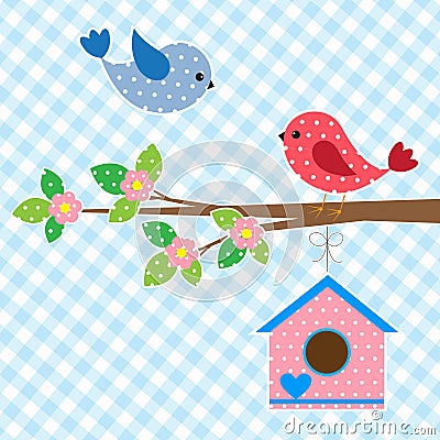 Couple of birds and birdhouse Vector Illustration