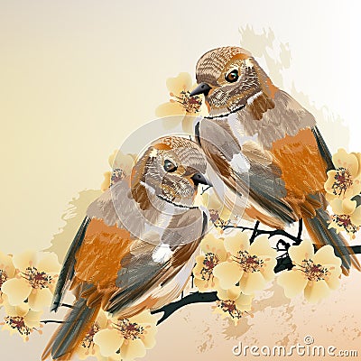 Couple of birds sit on a blooming branch tree Cartoon Illustration