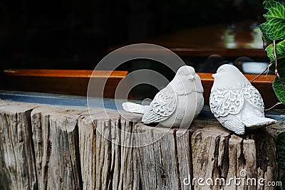 Couple birds, two white bird statues on the wooden near window Stock Photo