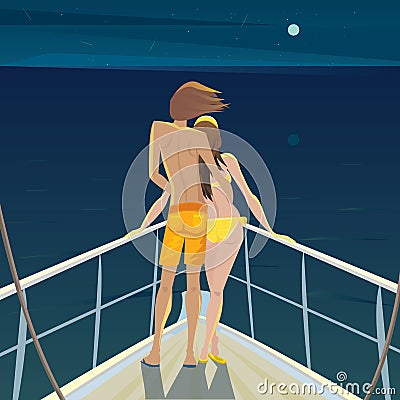 Couple on the boat at night admiring the stars Vector Illustration